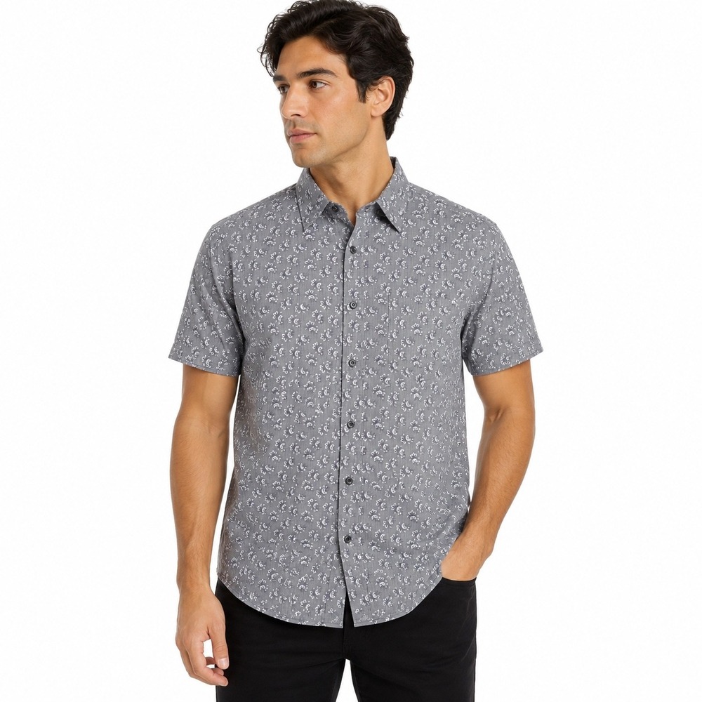 Uniqlo Mens Small Gray Purple Floral Paisley Cotton Short Sleeve Button Down